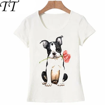 2021 Новая футболка Valentine Rose maiden, Летняя хипстерская женская футболка, забавный дизайн собаки Бостон-терьер, милые Топы, повседневная женская футболка