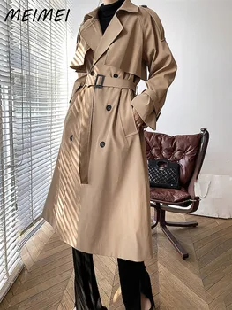 2023 Корейский модный тренч с поясом, женская Элегантная Двубортная ветровка цвета хаки, Повседневное Длинное пальто, уличная одежда