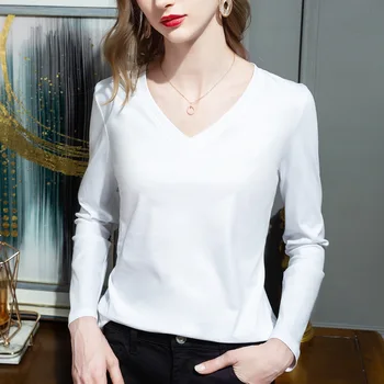 2023, Лето-весна, женские черно-белые футболки с длинным рукавом, классические женские топы с круглым и V-образным вырезом