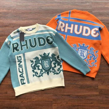 2023 Оранжевый Жаккардовый свитер с логотипом Rhude, Мужские и женские повседневные толстовки в стиле хип-хоп с круглым вырезом, мужская одежда Rhude