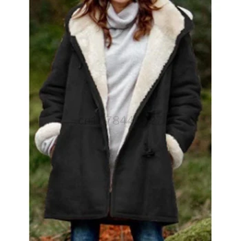 2023 Пальто Женская куртка с пряжкой из коровьего рога, карманы, Однотонное пальто с капюшоном на флисовой подкладке, женская верхняя одежда, зимняя одежда для женщин