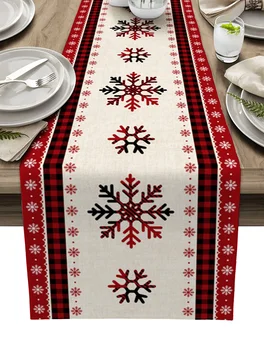 2023 Рождественская Красная клетчатая льняная дорожка со снежинками для обеденного стола Домашний свадебный декор Моющаяся настольная дорожка для обеденного стола Navidad