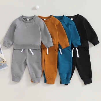 FOCUSNORM, 4 цвета, Осенние повседневные комплекты одежды для маленьких мальчиков, 2 шт., однотонный пуловер с длинным рукавом, Толстовка, Топы + Брюки от 0 до 3 лет