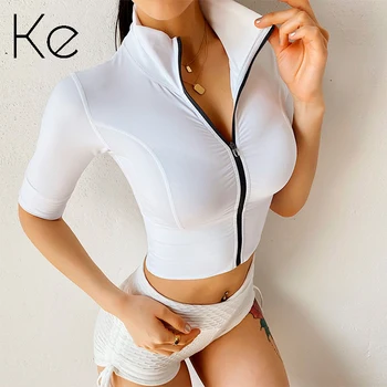KE Сексуальная женская спортивная футболка для фитнеса в тренажерном зале с короткими рукавами, нейлоновая, белая, черная, фиолетовая, с короткими рукавами и застежкой-молнией