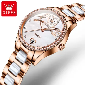 OLEVS 6686 Женские наручные часы с автоматическим механическим керамическим ремешком, модные Водонепроницаемые часы для женщин, Календарь