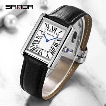 Sanda Прямоугольные наручные часы для женщин, серебряный корпус, женские часы, Роскошный бренд, Кожаный ремешок, кварцевые часы zegarek damski 1108