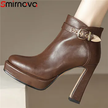 Smirnova 2023, Новые офисные женские ботинки на платформе с застежкой-молнией, зимние ботинки из натуральной кожи с круглым носком, ботильоны на толстом высоком каблуке