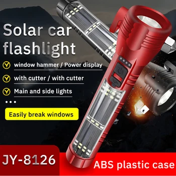 USB Перезаряжаемый светодиодный фонарик 9 в 1 Многофункциональный Защитный молоток, Факел, Блок питания, Магнит, Инструмент для выживания, Солнечный Наружный свет