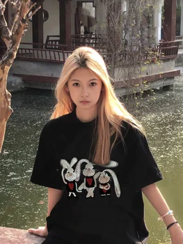 YALUOSHI Хлопковый Корейский свободный топ средней длины Ins, Летняя Женская футболка с принтом кролика в стиле опрятности с коротким рукавом