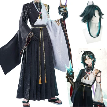 Античный костюм для косплея Genshin Impact Xiao, кимоно, Униформа, Обувь, парики, ботинки, аниме-игра, китайские костюмы для Сяо на Хэллоуин