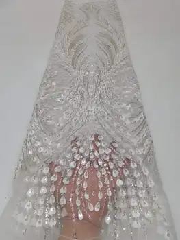 Белая Африканская кружевная ткань с 3D цветочными бусинами 2023, высококачественные тюлевые кружева французского жениха для новобрачных Для пошива свадебного платья в нигерийском стиле