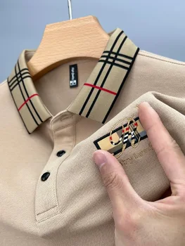 Высококачественная брендовая мужская рубашка поло с длинными рукавами и изысканной вышивкой, корейская модная футболка с отворотом, однотонный топ, устойчивый к морщинам