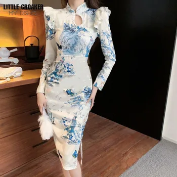 Высококачественное платье Qipao Chiness в китайском стиле с длинным рукавом, улучшенный летний винтажный Чонсам