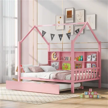Деревянная полноразмерная домашняя кровать с выдвижным ящиком, детская кровать с полкой, Розовая, простая в сборке, прочная для мебели спальни