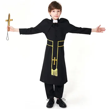 Детская одежда для ролевых игр на Хэллоуин, костюм религиозного пастора для мальчиков, костюм священника, фантазия, косплей, одежда для выступлений