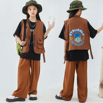 Детский костюм в стиле хип-хоп, коричневый жилет, брюки, одежда для уличных танцев для мальчиков, одежда для джазовых танцев для девочек, концертная одежда для сцены Kpop BL9876