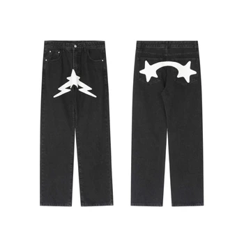 Джинсы с американским уличным принтом, мужские мешковатые брюки в стиле хип-хоп харадзюку, мужские прямые джинсы в стиле панк, свободные хлопковые брюки черного цвета
