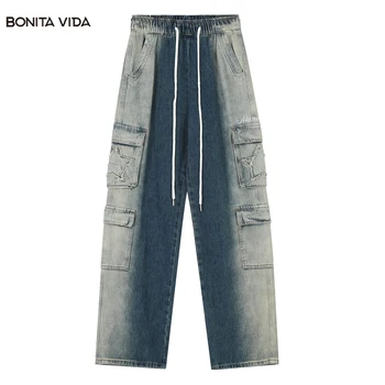 Джинсы с градиентной окраской, мужские джинсовые брюки с эластичной резинкой на талии, с несколькими карманами, свободные хлопковые широкие брюки в стиле хип-хоп