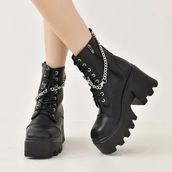 Женская обувь на платформе с боковой молнией, Черная готическая пряжка, Женская обувь из искусственной кожи в стиле Крипер в стиле панк, Женские черные короткие ботинки по щиколотку.