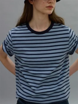 Женская свободная футболка в полоску контрастного цвета, новинка лета 2023, женские повседневные простые футболки с круглым вырезом и коротким рукавом, универсальные топы