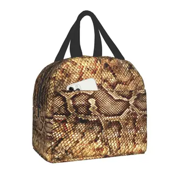 Женская сумка-тоут с текстурой змеиной кожи и принтом, изолированный ланч-бокс, переносной холодильник из змеиной кожи, термобокс для бенто для школьников
