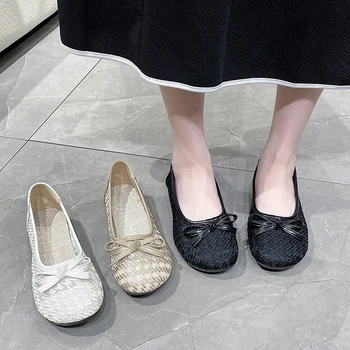 Женские балетки, Стильные банты, украшенные милой сетчатой тканью, Повседневная обувь с круглым носком, легкие Zapatos Para Mujeres