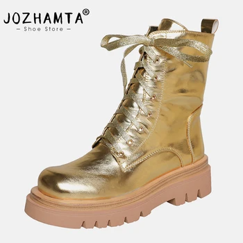 Женские ботильоны JOZHAMTA, размер 34-43, женская зимняя обувь на плоской подошве из натуральной кожи, золотистые ботинки на платформе с застежкой-молнией на высоком каблуке