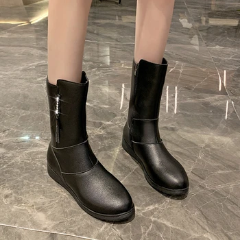 Женские высокие ботинки, черные женские ботинки из искусственной кожи 2023 года, нескользящие осенне-зимние ботинки, удобные, большие размеры 42, Zapatos Mujer