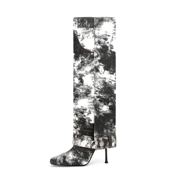 Женские длинные сапоги без застежки из джинсовой ткани с квадратным носком на тонком каблуке, черно-белые Женские ботинки, Модные Крутые 2023 Zapatos Para Hombres