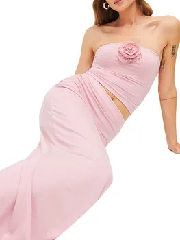 Женские облегающие юбки из двух частей, сексуальные топы без бретелек с 3D цветами и комплекты для вечеринок с длинными юбками
