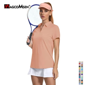 Женские теннисные рубашки поло MAGCOMSEN, солнцезащитная рубашка для гольфа с V-образным вырезом и коротким рукавом, легкие быстросохнущие производительные футболки