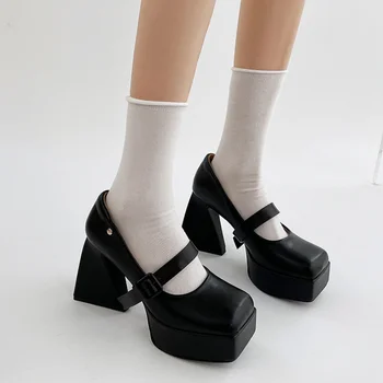 Женские туфли-лодочки на высоком каблуке и платформе с квадратным носком и пряжкой на толстом каблуке Mary Janes Woman, черные свадебные туфли из искусственной кожи для вечеринок