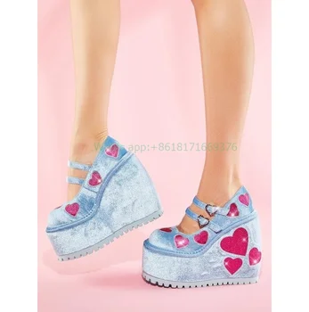 Замшевые босоножки на платформе Wegdes Blue Sweet, женские туфли Marry Jane на высоком каблуке с круглым носком и пряжкой, туфли для девочек в стиле Пэчворк 2023