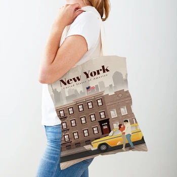 Карта модного города Лондон, Нью-Йорк, Париж, Испания, Сумки для покупателей, женская сумка-тоут, повседневная холщовая женская сумка для покупок с двойным принтом