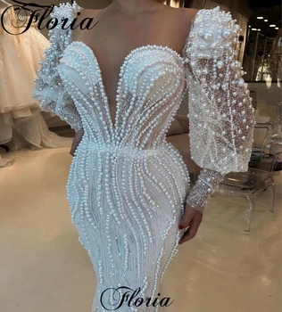 Коктейльные платья с белым жемчугом длиной до пола, элегантные вечерние платья Русалки, платья для помолвки с длинными рукавами, Vestidos De Cóctel