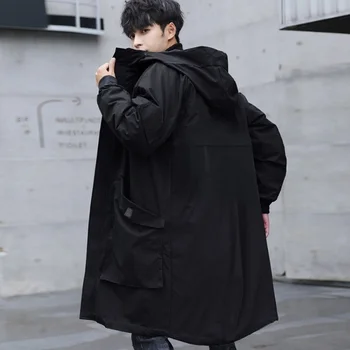Корейская модная Длинная куртка для мужчин с капюшоном, чисто Черная куртка-ветровка с капюшоном, осеннее пальто для мужчин, большие карманы, очень большой размер