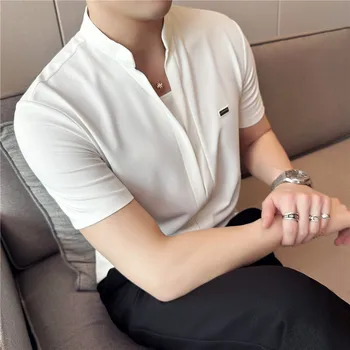 Корейские приталенные Мужские Вафельные рубашки со стоячим воротником Time IceSilk, Высококачественная рубашка с короткими рукавами, Мужская Повседневная клубная рубашка