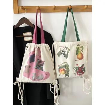 Корейские простые Студенческие школьные рюкзаки Модные Универсальные Женские рюкзаки на шнурке Y2k с милым принтом Эстетичная холщовая сумка через плечо