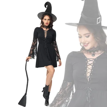 Костюм ведьмы для косплея на Хэллоуин для взрослых, черное кружевное платье ведьмы с вырезом,