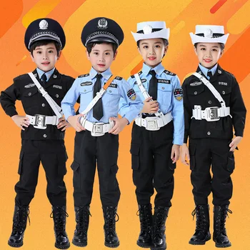 Костюмы полицейских для мальчиков и девочек, Детские игрушки-подарки для полицейских, косплей-костюм на Хэллоуин, сине-черные женские полицейские платья на пуговицах