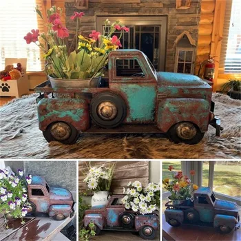 Креативный Ретро Зеленый маленький грузовик в цветочном горшке Цветочные растения Металлические садовые статуи в горшках для сочных растений Светящиеся украшения для дома