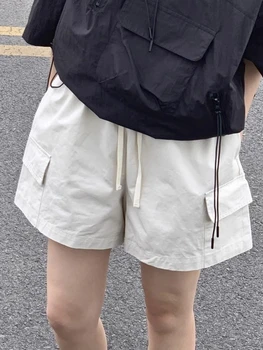 Летние Корейские модные брюки-карго, женские повседневные Винтажные шорты с карманами и ремешками, Женские Дизайнерские брюки с эластичной резинкой, уличная одежда 2023 года.