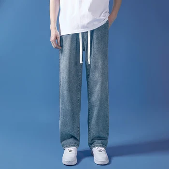 Летние светло-голубые тонкие джинсы, японские студенческие мужские свободные повседневные брюки с широкими штанинами на Хай-стрит, брюки с девятью точками, мужская одежда