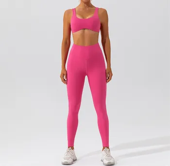 Летний спортивный комплект для йоги из двух частей, одежда для тренировок, женский сексуальный укороченный топ без рукавов телесного цвета с высокой талией, леггинсы для фитнеса