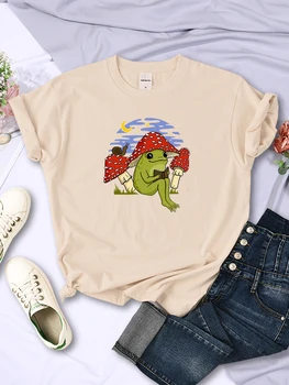 Милая шляпа-лягушка-гриб Cottagecore, книга для чтения, женские футболки, винтажная повседневная уличная креативная женская футболка с коротким рукавом