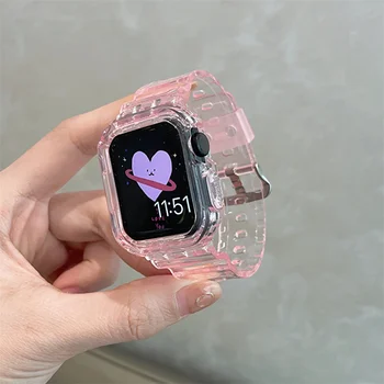 Милый Розовый Прозрачный Чехол + Ремешок Для Apple Watch Band 49 мм 41 мм 40 мм 44 мм 42 мм 38 Силиконовый Браслет Для iWatch 8 7 SE 6 5 Чехлов