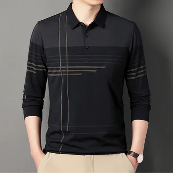 Модная мужская рубашка поло в полоску, однотонная, с длинным рукавом, осенне-весенняя повседневная футболка, деловой корейский стиль, одежда высшего качества