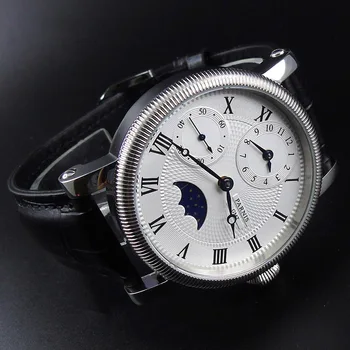 Модные мужские часы Parnis 43 мм в серебряном корпусе с ручным заводом, фаза Луны, кожаный ремешок, мужские часы с механическим ручным заводом, reloj hombre