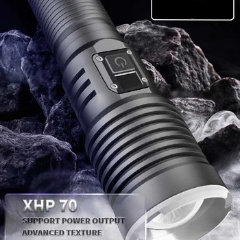 Мощный светодиодный фонарик XHP70 с цифровым дисплеем, USB Перезаряжаемый фонарь для кемпинга и рыбалки, водонепроницаемые зум-фонари