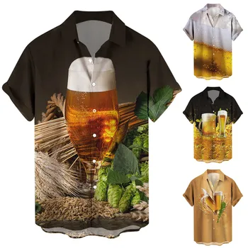 Мужская футболка с V образным вырезом, мужская летняя мода, Лацканы с цифровой 3D-печатью, Пуговицы, Рубашки и топы с короткими рукавами, Пивные мужские топы из спандекса